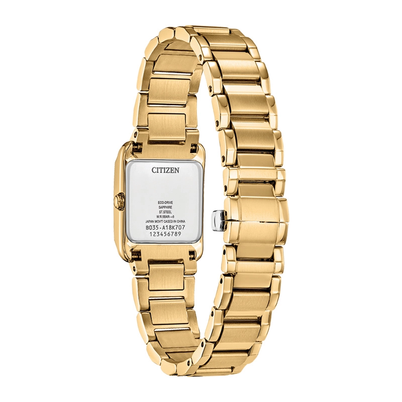 Reloj Citizen analogo, para Dama, tablero cuadrado color blanco, estilo index + arabigo, pulso acero color dorado