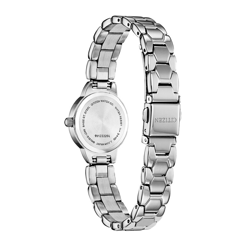 Reloj Citizen analogo, para Dama, tablero redondo color blanco, estilo index, pulso acero color plateado