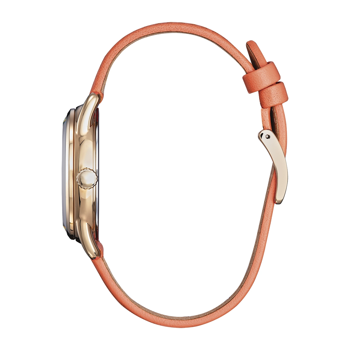 Reloj Citizen análogo, para Dama, tablero redondo color plateado, estilo puntos, pulso cuero color naranja, calendario