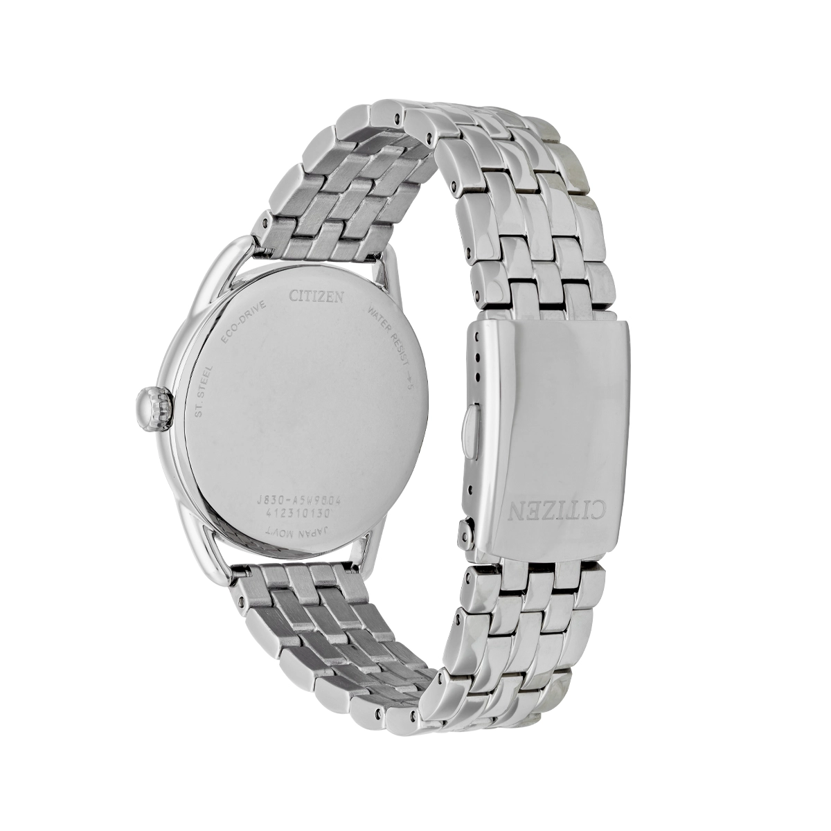 Reloj Citizen analogo, para Dama, tablero redondo color blanco, estilo puntos, pulso acero color plateado