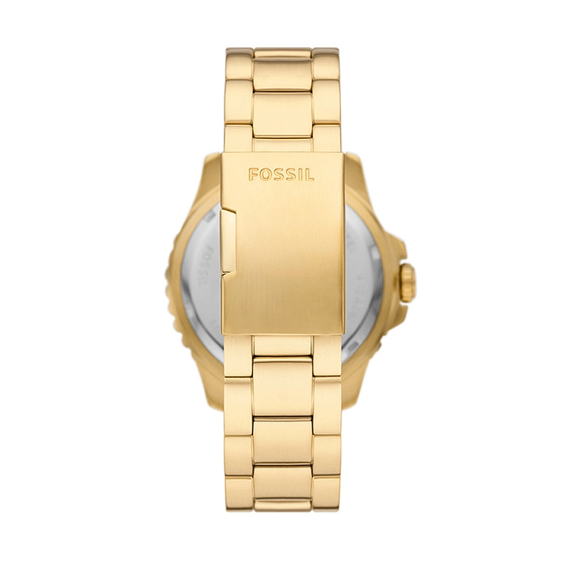Reloj Fossil analogo, para Hombre, tablero redondo color negro, estilo index + puntos, pulso acero color dorado, calendario
