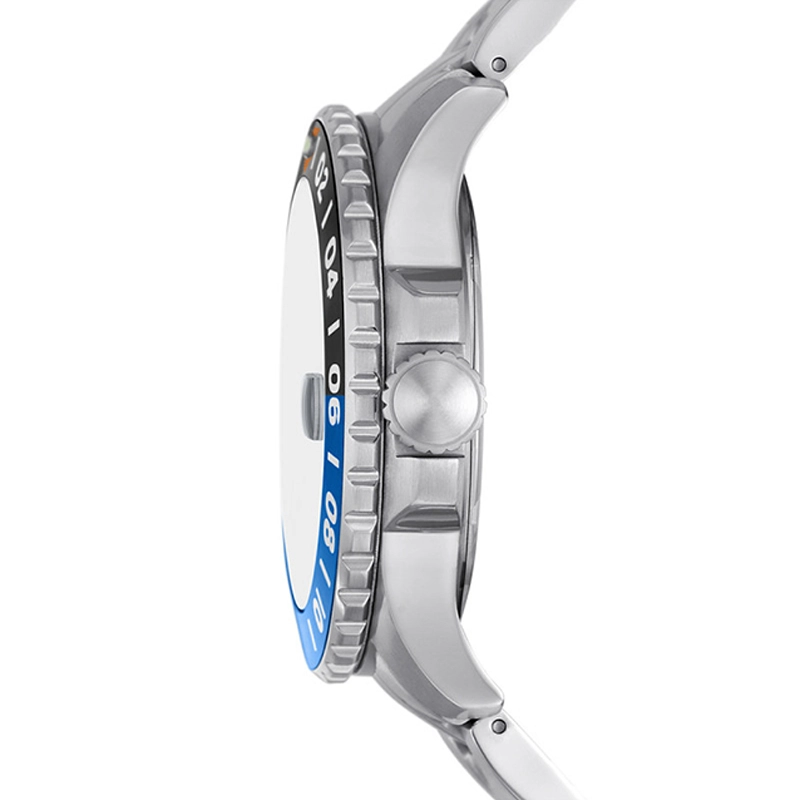 Reloj Fossil analogo, para Hombre, tablero redondo color azul, estilo index + puntos, pulso acero color plateado, calendario