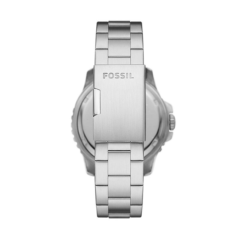 Reloj Fossil analogo, para Hombre, tablero redondo color azul, estilo index + puntos, pulso acero color plateado, calendario