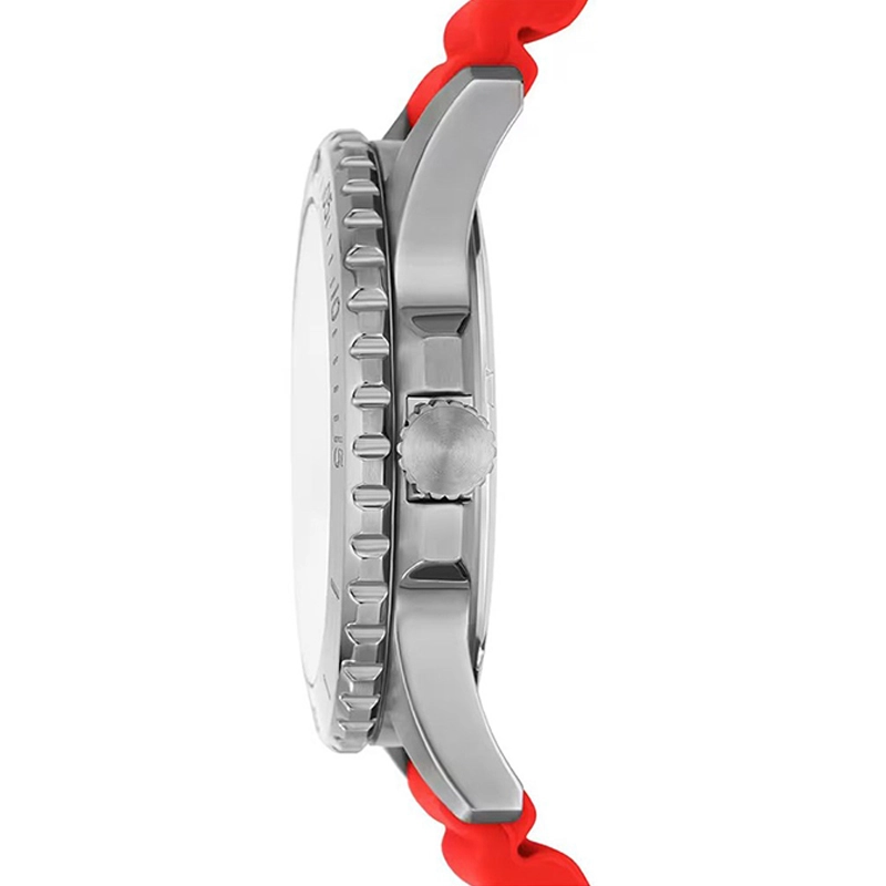 Reloj Fossil analogo, para Hombre, tablero redondo color rojo, estilo index + puntos, pulso silicona color rojo, calendario