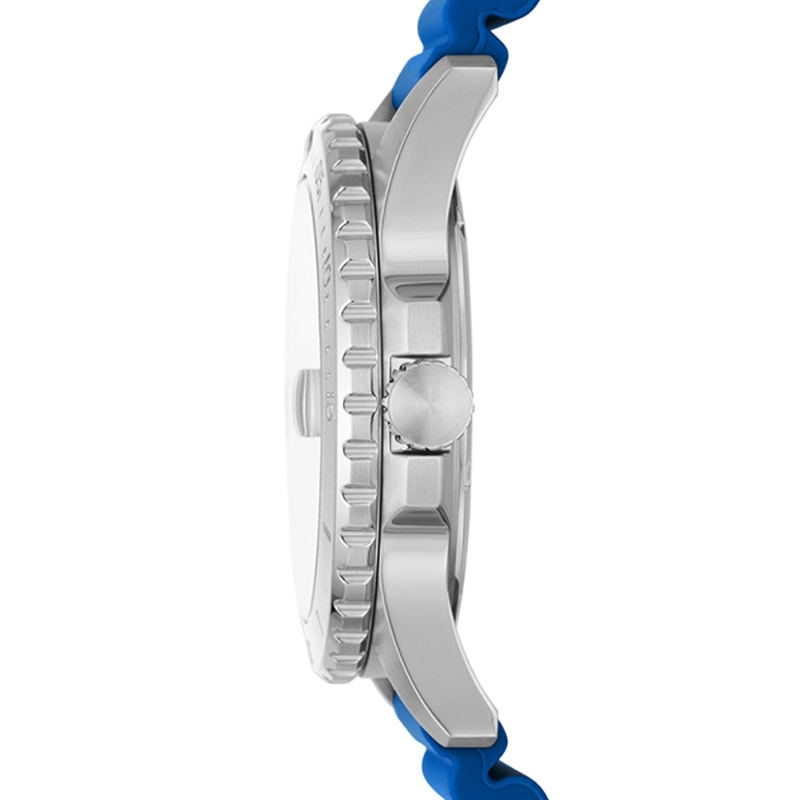 Reloj Fossil analogo, para Hombre, tablero redondo color azul, estilo index + puntos, pulso silicona color azul, calendario
