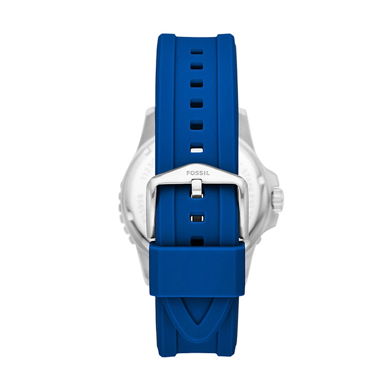 Reloj Fossil analogo, para Hombre, tablero redondo color azul, estilo index + puntos, pulso silicona color azul, calendario