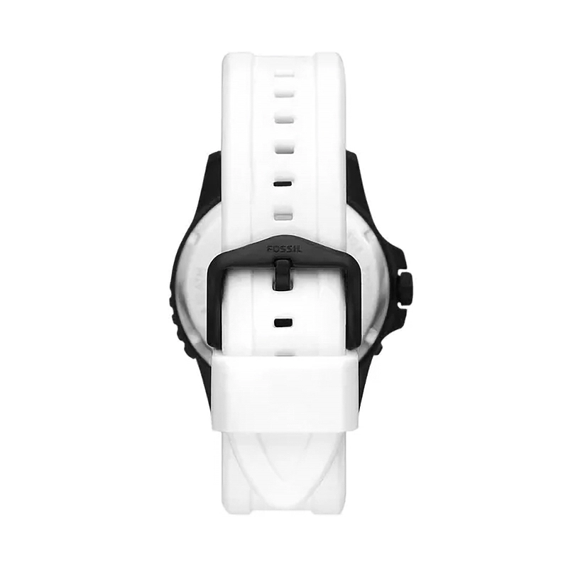 Reloj Fossil analogo, para Hombre, tablero redondo colores plateado y verde, estilo index + puntos, pulso silicona color blanco, calendario