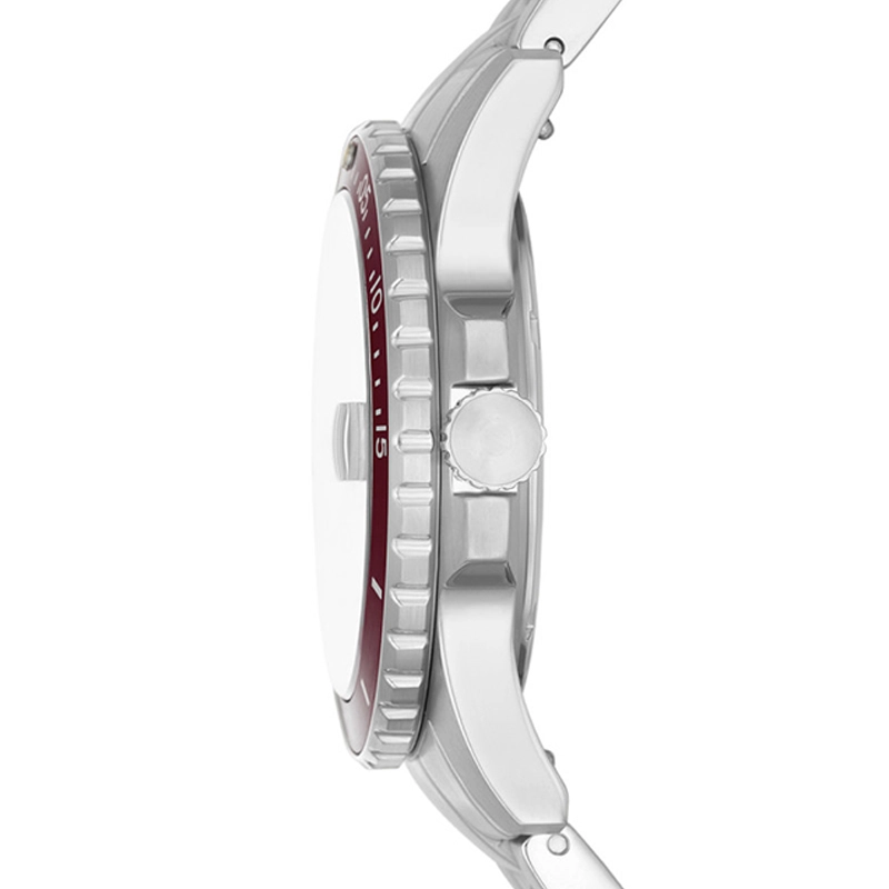 Reloj Fossil analogo, para Hombre, tablero redondo color negro, estilo index + puntos, pulso acero color plateado
