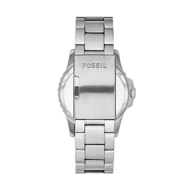 Reloj Fossil analogo, para Hombre, tablero redondo color negro, estilo index + puntos, pulso acero color plateado
