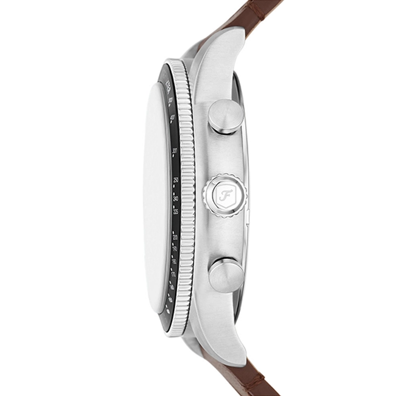 Reloj Fossil analogo, para Hombre, tablero redondo colores beige y negro, estilo arabigos, pulso cuero color café, calendario, cronografo