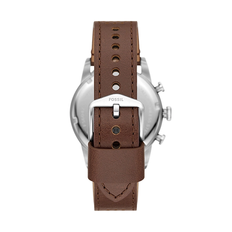 Reloj Fossil analogo, para Hombre, tablero redondo colores beige y negro, estilo arabigos, pulso cuero color café, calendario, cronografo