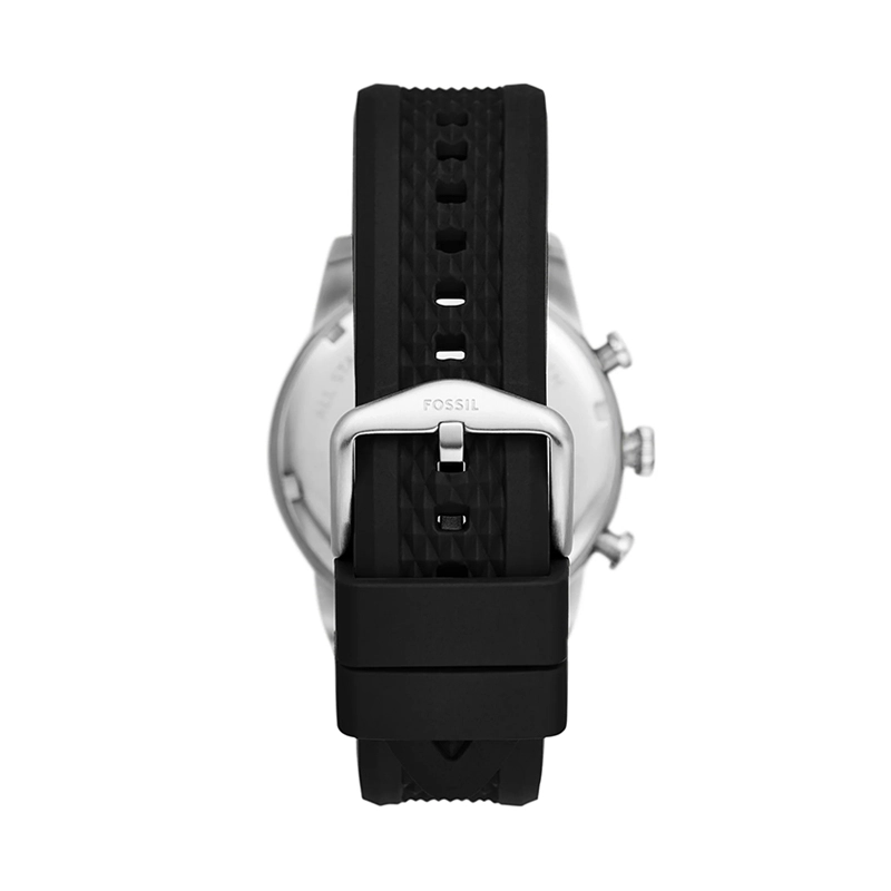 Reloj Fossil analogo, para Hombre, tablero redondo color amarillo, estilo arabigos, pulso silicona color negro, calendario, cronografo