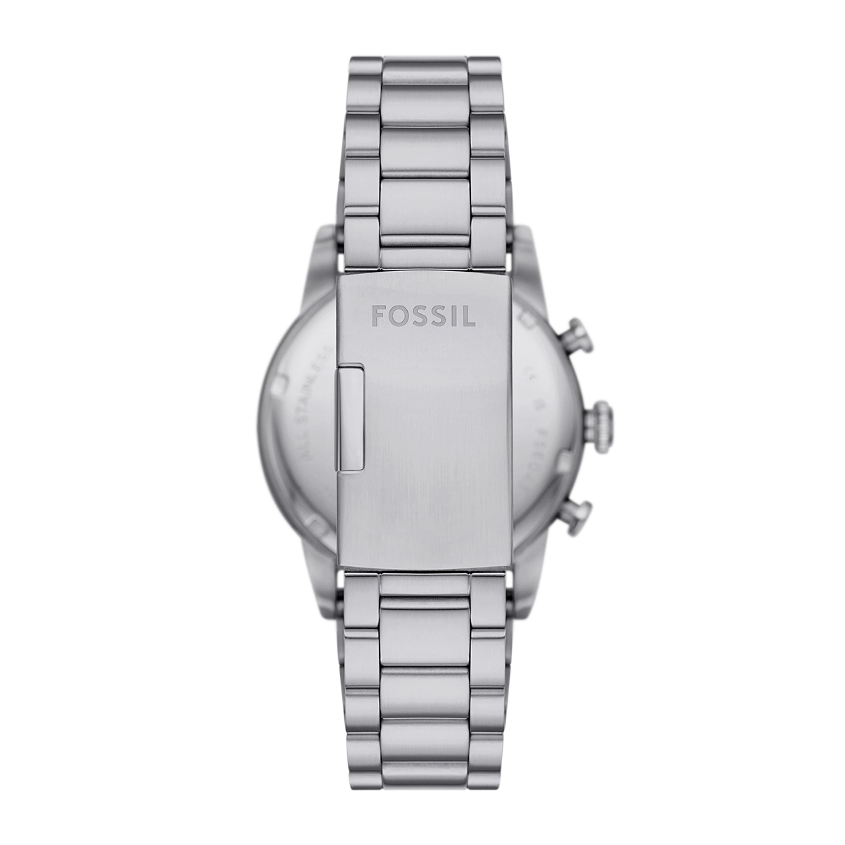 Reloj Fossil analogo, para Hombre, tablero redondo color negro, estilo arabigos, pulso acero color plateado, calendario, cronografo