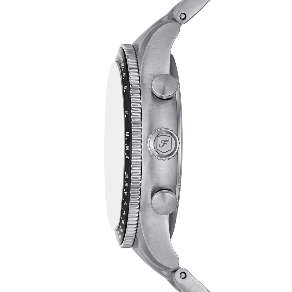 Reloj Fossil analogo, para Hombre, tablero redondo color negro, estilo arabigos, pulso acero color plateado, calendario, cronografo