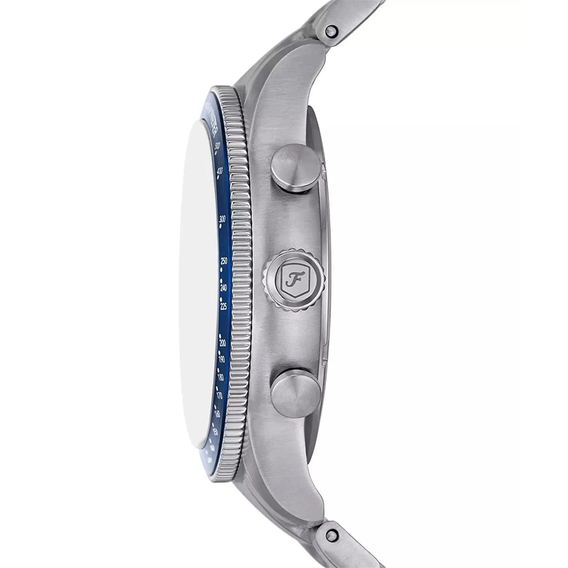 Reloj Fossil analogo, para Hombre, tablero redondo color azul, estilo arabigos, pulso acero color plateado, calendario, cronografo