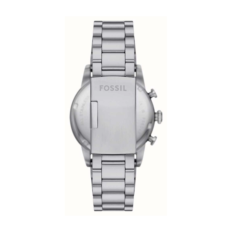 Reloj Fossil analogo, para Hombre, tablero redondo color azul, estilo arabigos, pulso acero color plateado, calendario, cronografo