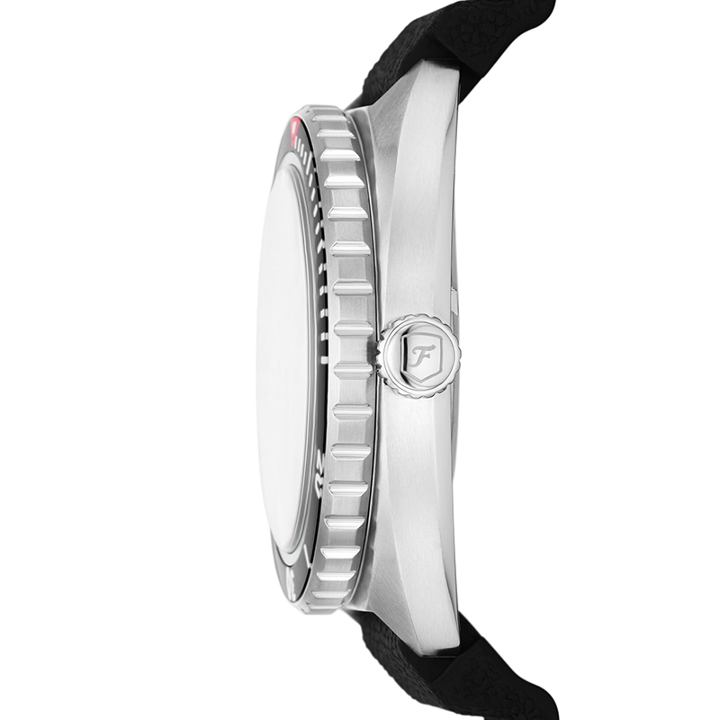 Reloj Fossil analogo, para Hombre, tablero redondo colores negro y rojo, estilo index + puntos, pulso silicona color negro, calendario
