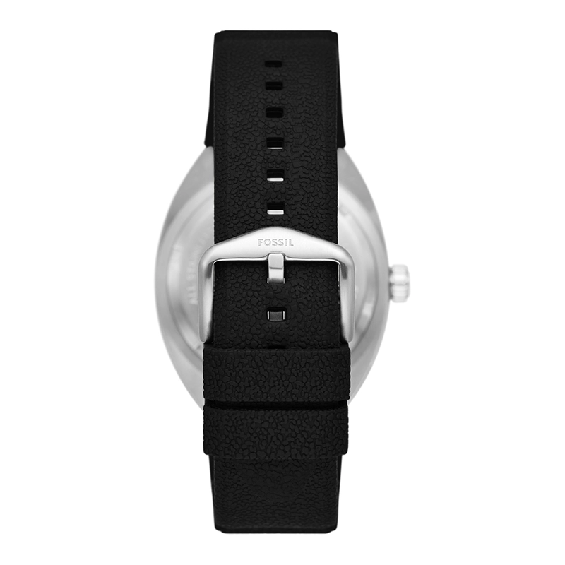 Reloj Fossil analogo, para Hombre, tablero redondo colores negro y rojo, estilo index + puntos, pulso silicona color negro, calendario