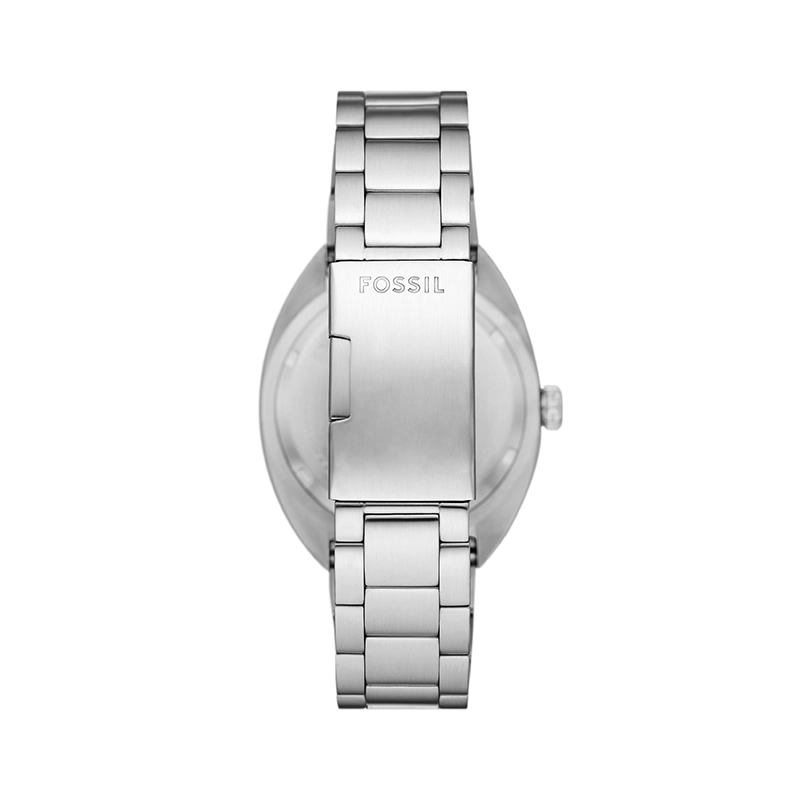 Reloj Fossil analogo, para Hombre, tablero redondo color blanco, estilo index + puntos, pulso acero color plateado, calendario