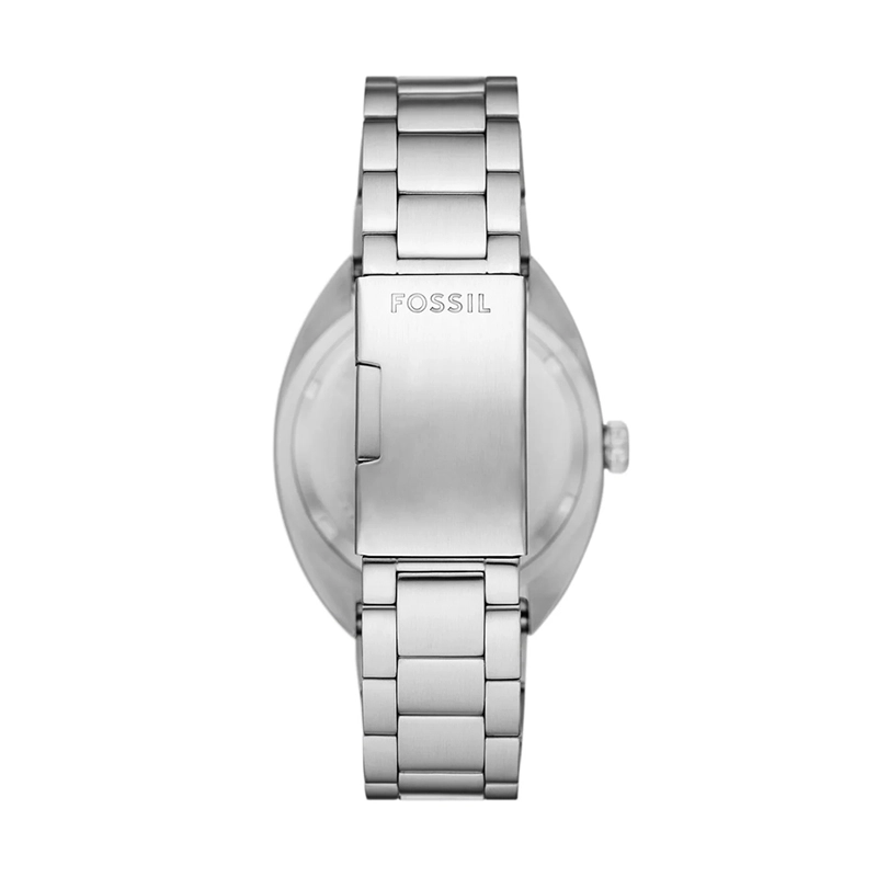 Reloj Fossil analogo, para Hombre, tablero redondo color blanco, estilo index + puntos, pulso acero color plateado, calendario