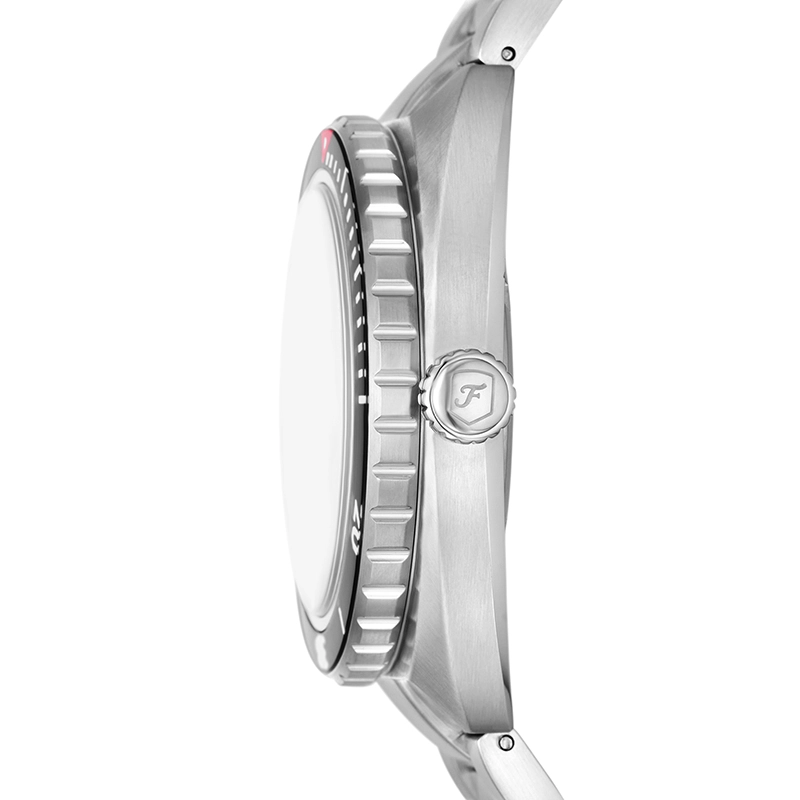 Reloj Fossil analogo, para Hombre, tablero redondo colores azul y rojo, estilo index + puntos, pulso acero color plateado, calendario