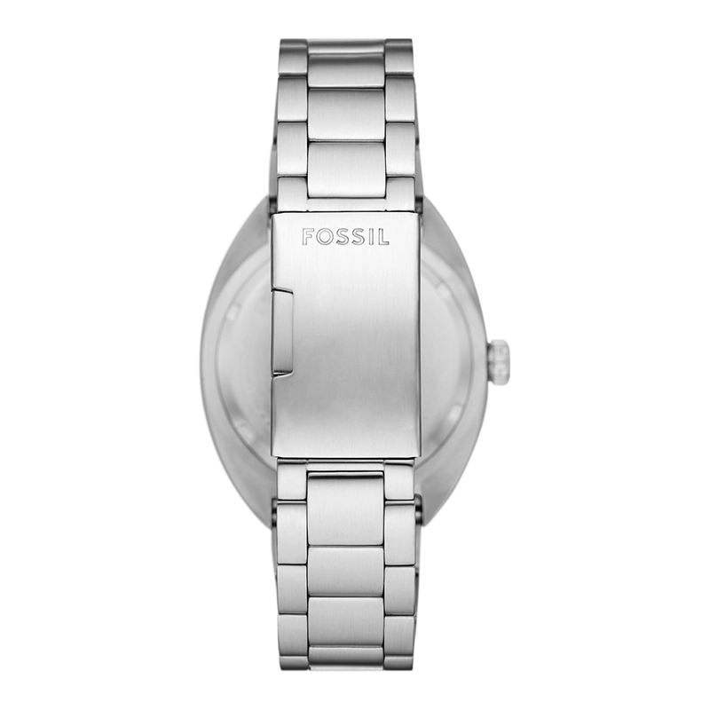 Reloj Fossil analogo, para Hombre, tablero redondo colores azul y rojo, estilo index + puntos, pulso acero color plateado, calendario