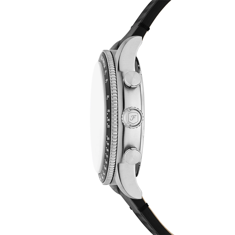 Reloj Fossil analogo, para Hombre, tablero redondo colores rojo y negro, estilo arabigos, pulso cuero color negro, calendario, cronografo