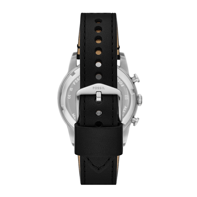 Reloj Fossil analogo, para Hombre, tablero redondo colores rojo y negro, estilo arabigos, pulso cuero color negro, calendario, cronografo