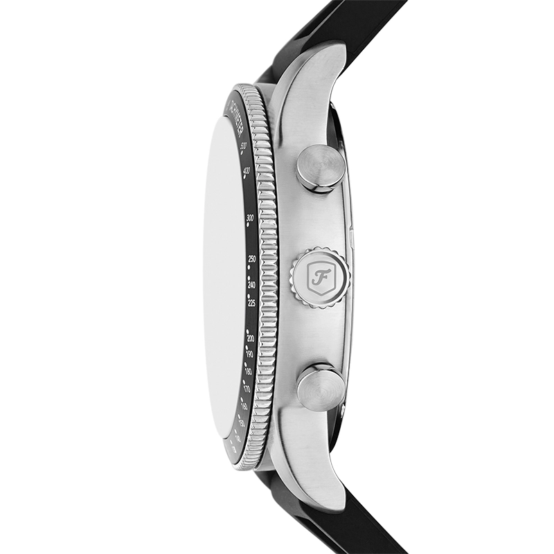 Reloj Fossil analogo, para Hombre, tablero redondo colores blanco y negro, estilo arabigos, pulso silicona color negro, calendario, cronografo