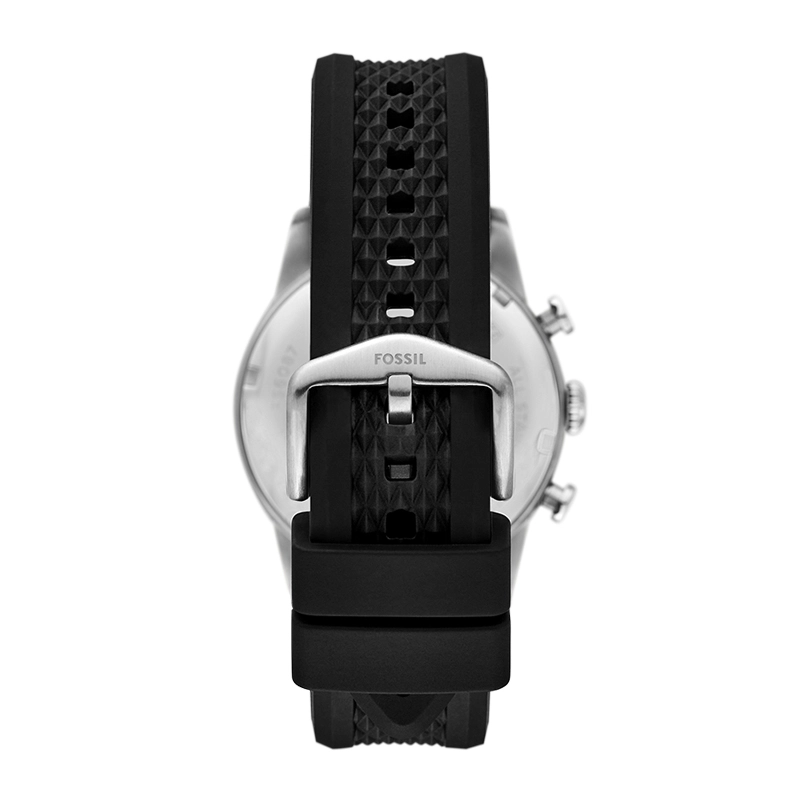 Reloj Fossil analogo, para Hombre, tablero redondo colores blanco y negro, estilo arabigos, pulso silicona color negro, calendario, cronografo