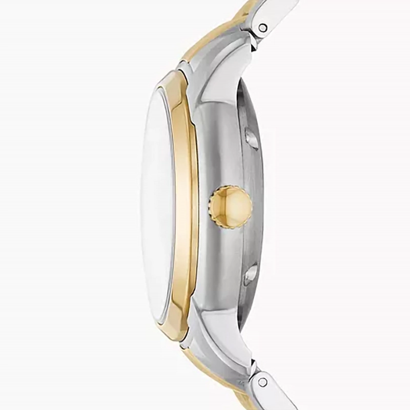 Reloj Fossil analogo, para Dama, tablero redondo color dorado, estilo index + arabigo, pulso acero colores plateado y dorado, calendario