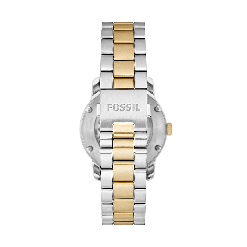 Reloj Fossil analogo, para Dama, tablero redondo color dorado, estilo index + arabigo, pulso acero colores plateado y dorado, calendario