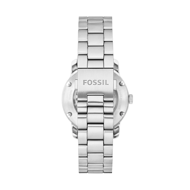 Reloj Fossil analogo, para Hombre, tablero redondo color azul, estilo index + arabigo, pulso acero color plateado, calendario