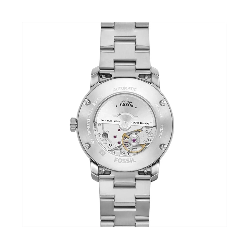Reloj Fossil analogo, para Dama, tablero redondo color morado, estilo index + arabigo, pulso acero color plateado, calendario