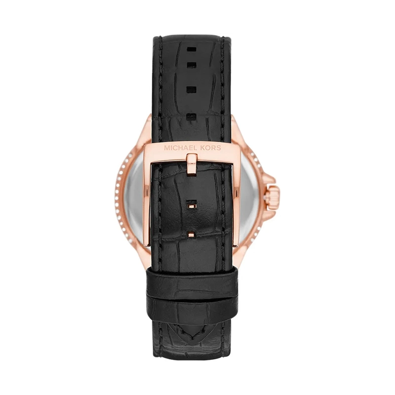 Reloj Mkors analogo, para Dama, tablero redondo color blanco, estilo index + romano, pulso cuero color negro