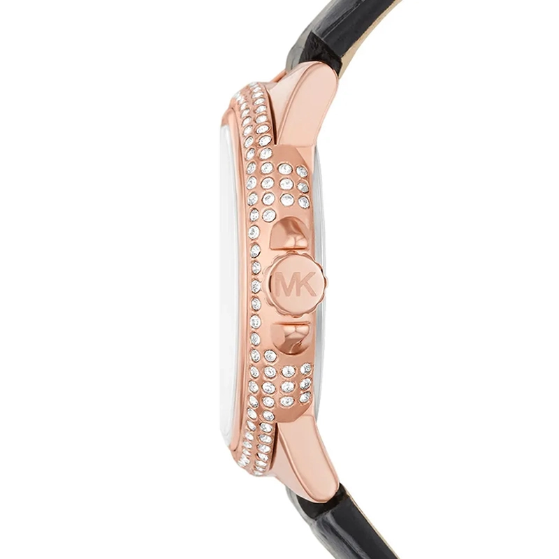 Reloj Mkors analogo, para Dama, tablero redondo color blanco, estilo index + romano, pulso cuero color negro