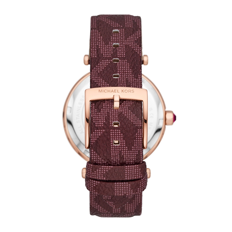 Reloj Mkors analogo, para Dama, tablero redondo color rosa, estilo sin numeros, pulso cuero color morado