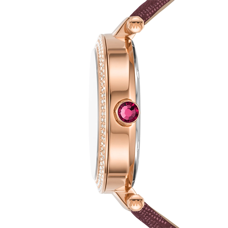Reloj Mkors analogo, para Dama, tablero redondo color rosa, estilo sin numeros, pulso cuero color morado
