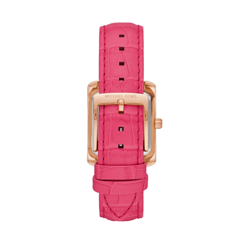 Reloj Mkors analogo, para Dama, tablero rectangular color rosa, estilo index + romano, pulso cuero color rosado
