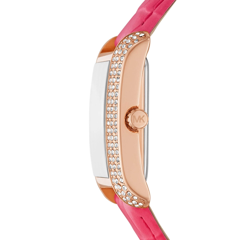 Reloj Mkors analogo, para Dama, tablero rectangular color rosa, estilo index + romano, pulso cuero color rosado