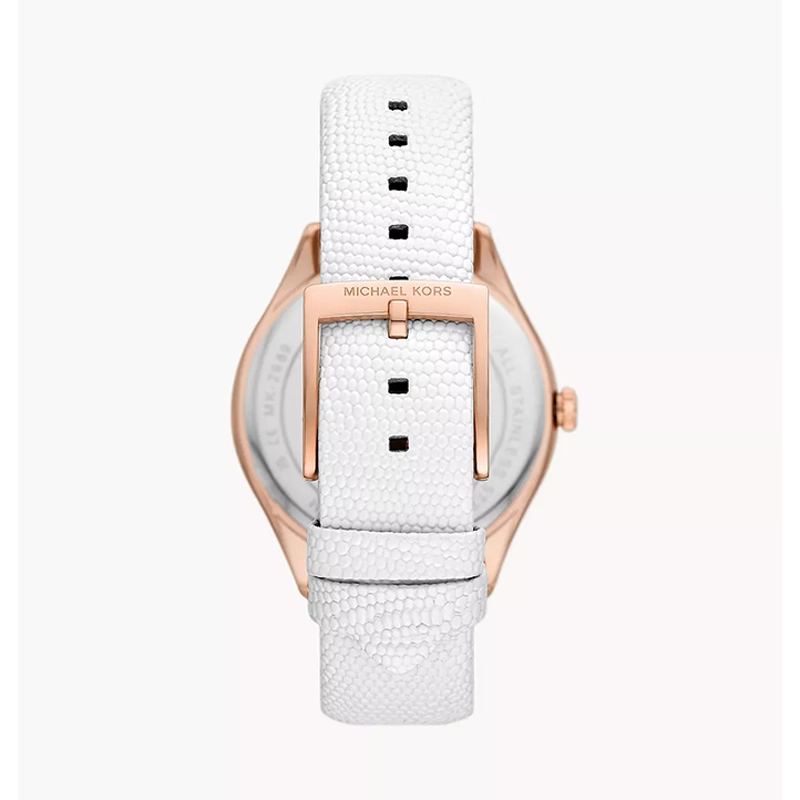 Reloj Mkors analogo, para Dama, tablero redondo color rosa, estilo index + romano, pulso cuero color blanco