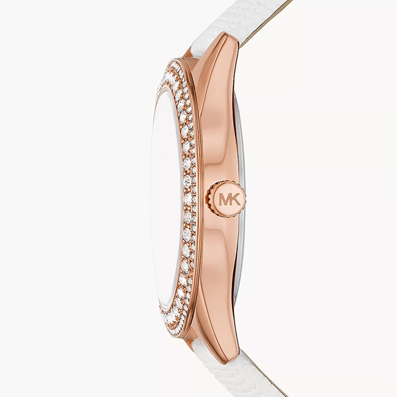 Reloj Mkors analogo, para Dama, tablero redondo color rosa, estilo index + romano, pulso cuero color blanco