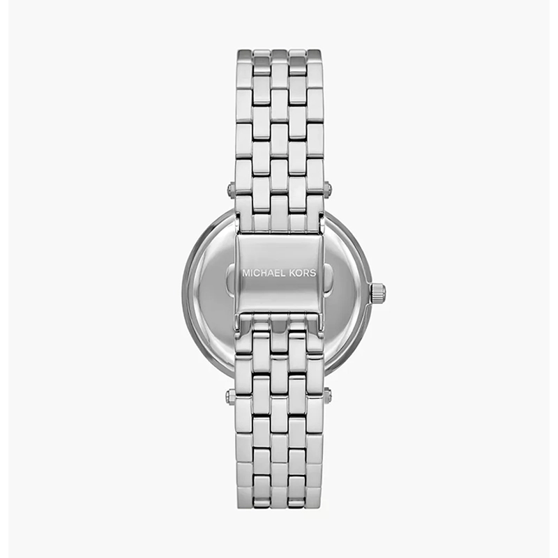 Reloj Mkors analogo, para Dama, tablero redondo color plateado, estilo sin numeros, pulso acero color plateado