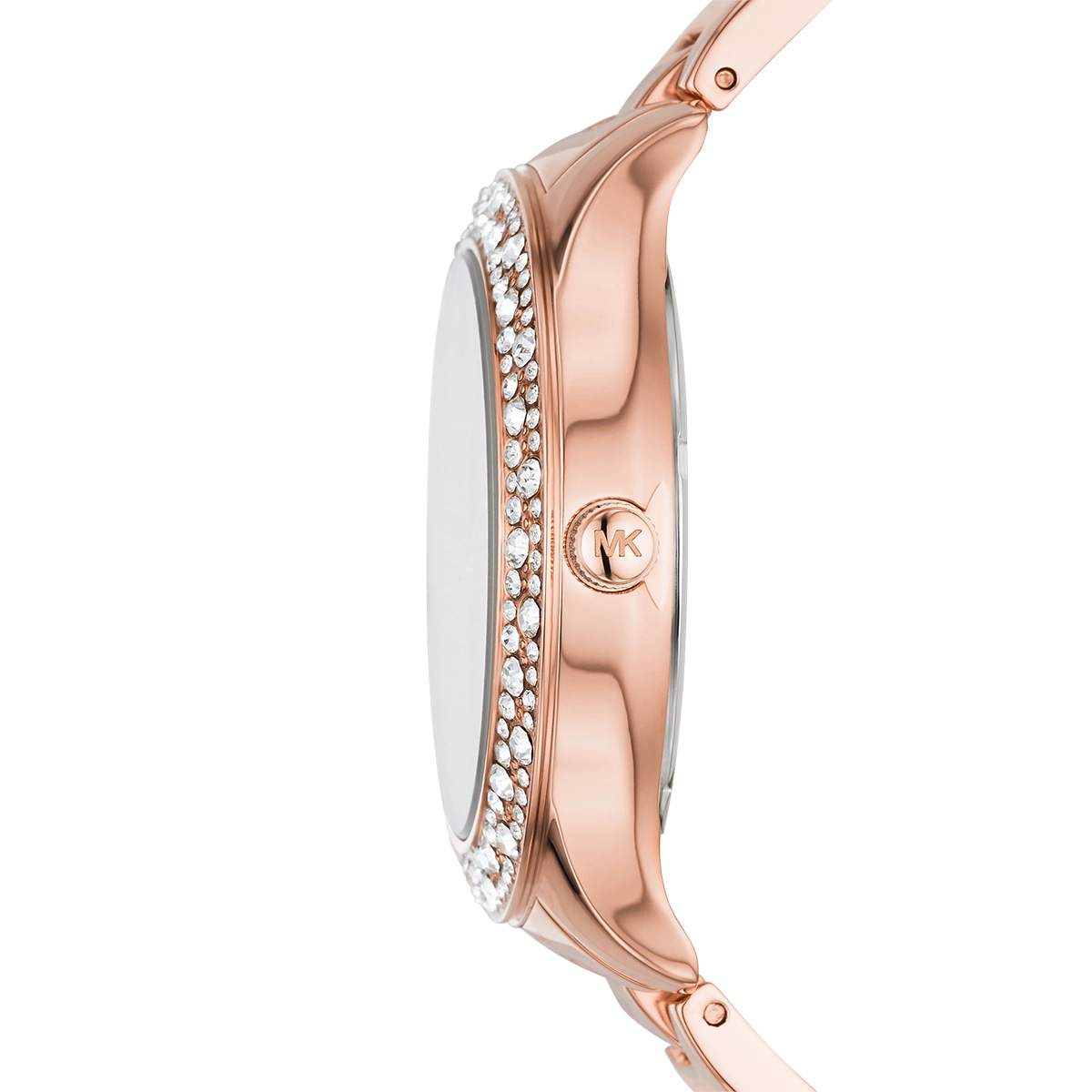Reloj Mkors analogo, para Dama, tablero redondo color rosa, estilo index, pulso acero color rosa