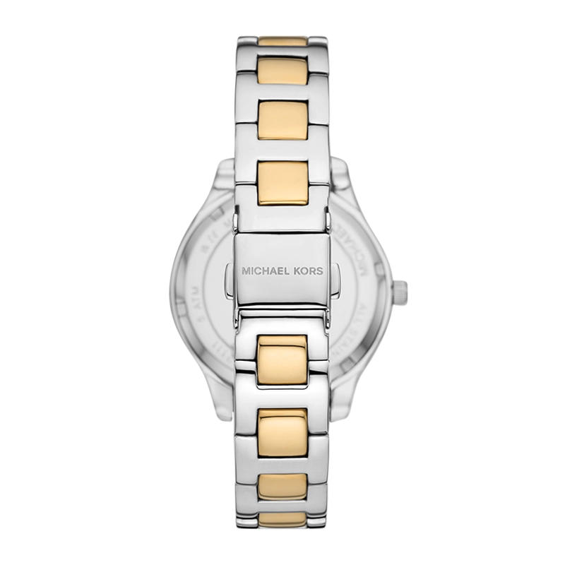 Reloj Mkors analogo, para Dama, tablero redondo color dorado, estilo index, pulso acero colores plateado y dorado