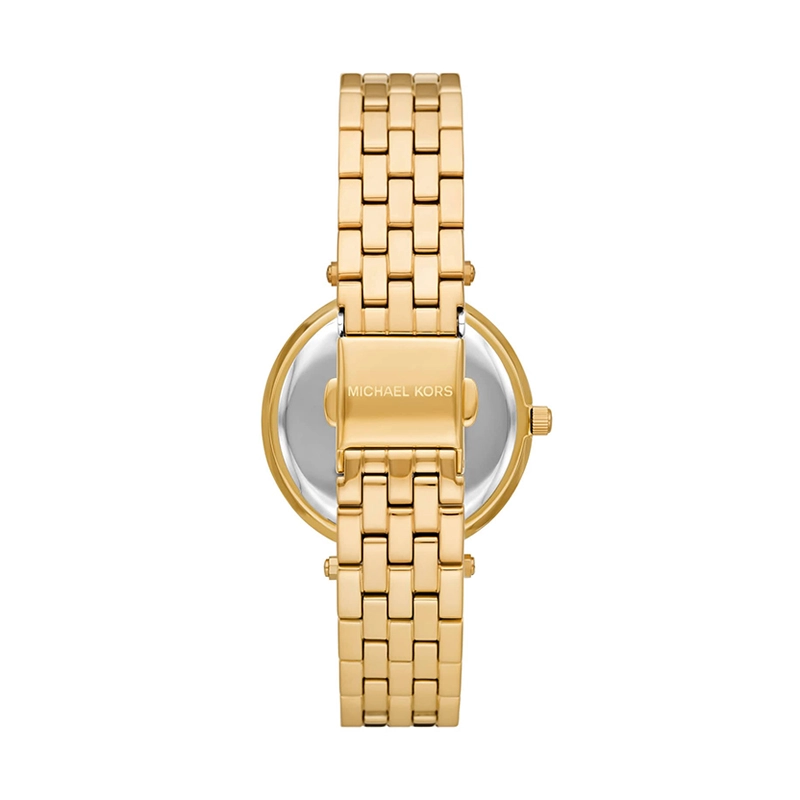 Reloj Mkors analogo, para Dama, tablero redondo color dorado, estilo sin numeros, pulso acero color dorado
