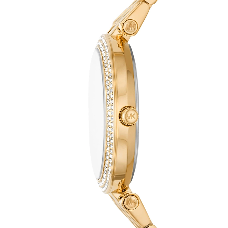 Reloj Mkors analogo, para Dama, tablero redondo color dorado, estilo sin numeros, pulso acero color dorado