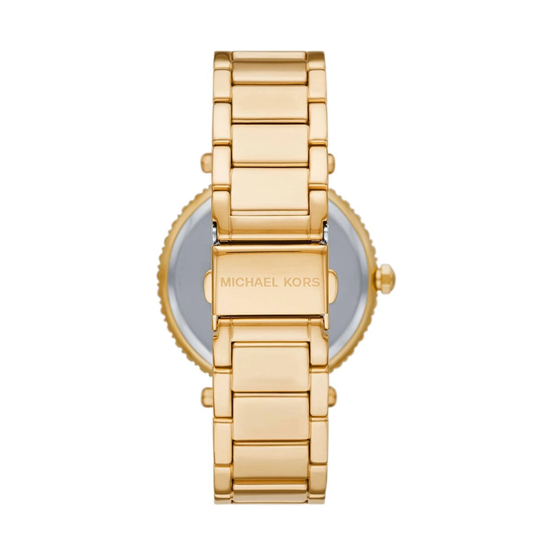 Reloj Mkors analogo, para Dama, tablero redondo color blanco, estilo index + arabigo, pulso acero color dorado, calendario