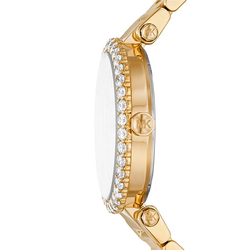 Reloj Mkors analogo, para Dama, tablero redondo color blanco, estilo index + arabigo, pulso acero color dorado, calendario