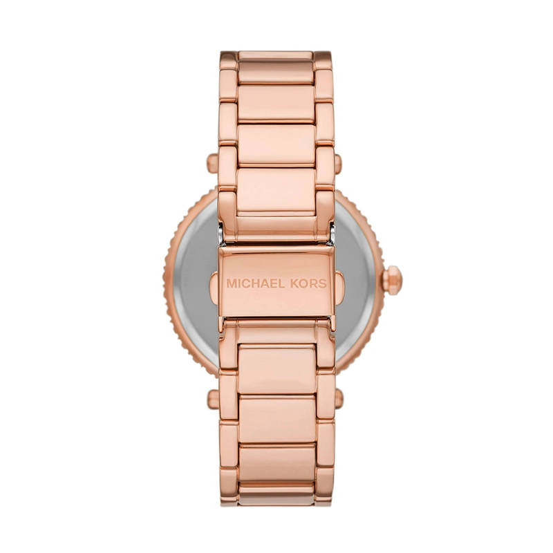 Reloj Mkors analogo, para Dama, tablero redondo color blanco, estilo index + arabigo, pulso acero color rosa, calendario